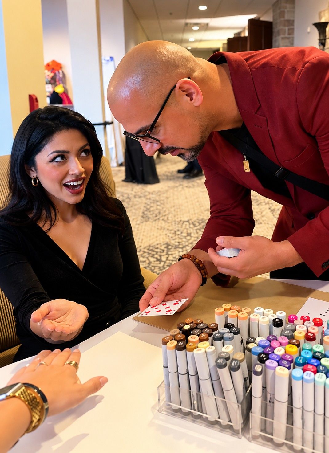 Eric Mina performing close-up card magic for a smiling guest at her table