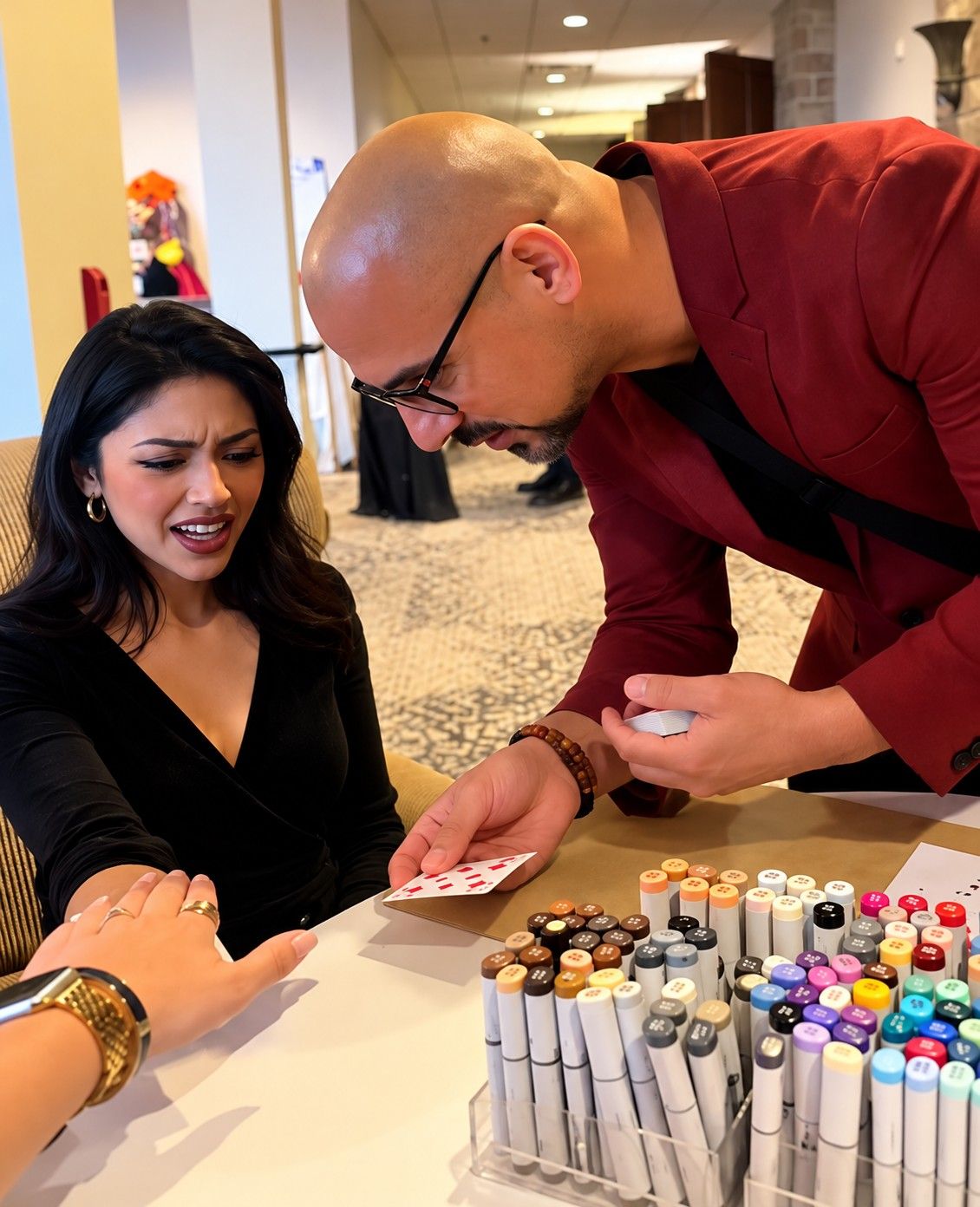 A guest reacting in disbelief as Eric Mina shows her card