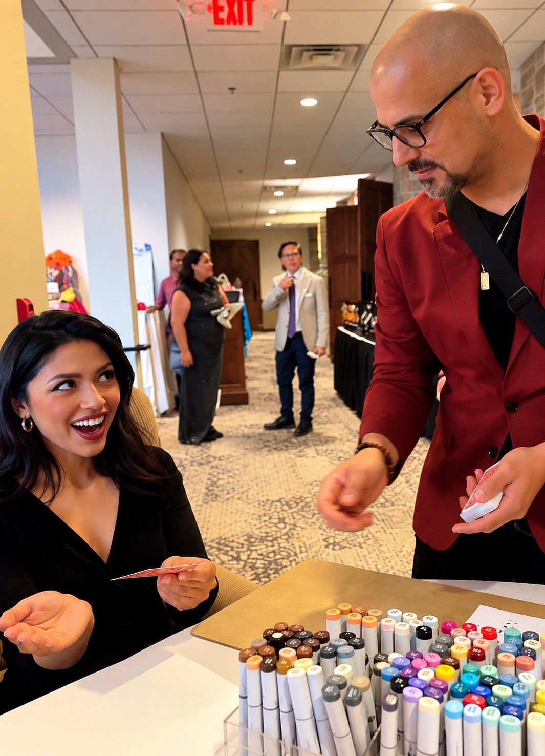 A guest laughing as Eric Mina reveals her card at the table