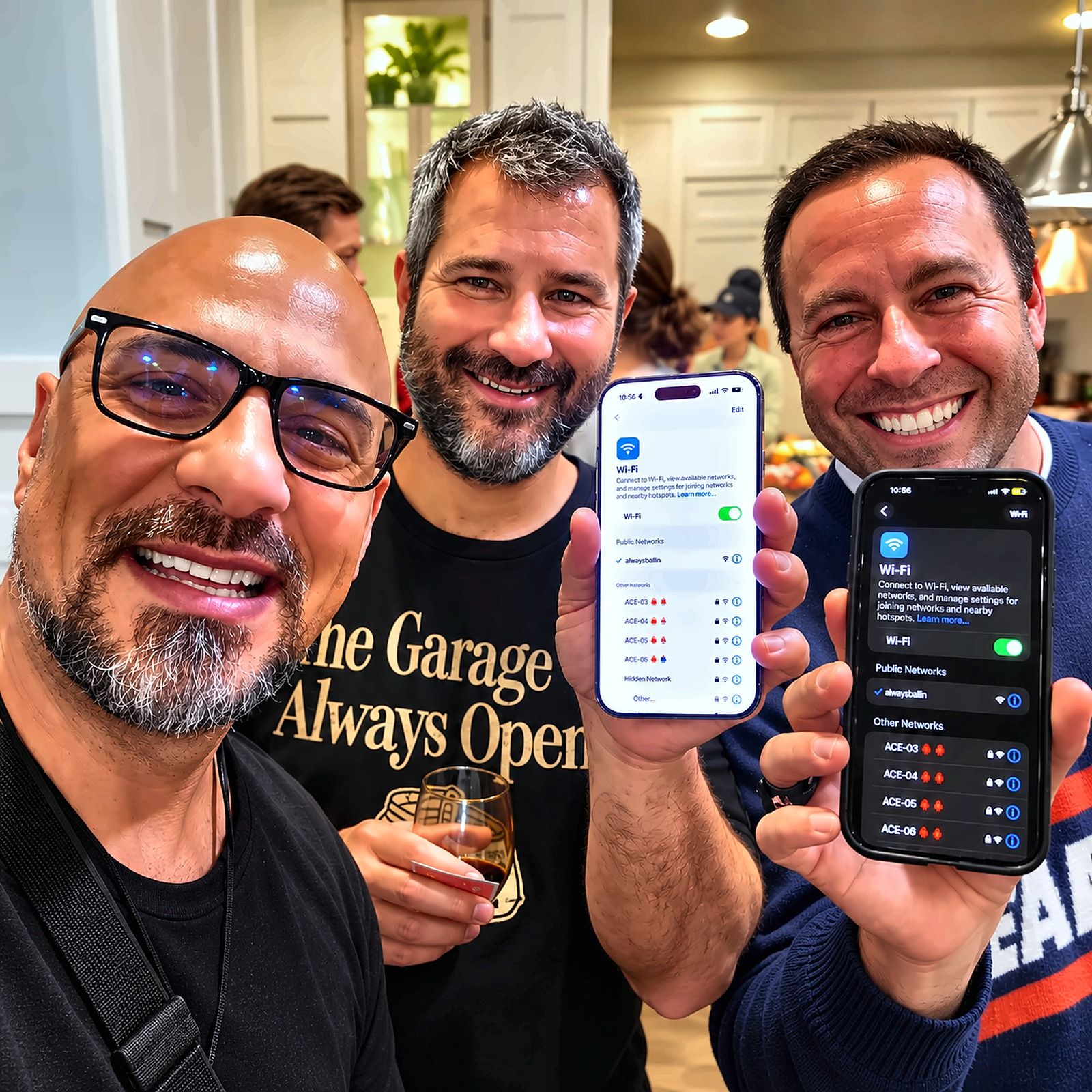 Eric Mina with two guests holding up their phones after his Wi-Fi network mind-reading reveal